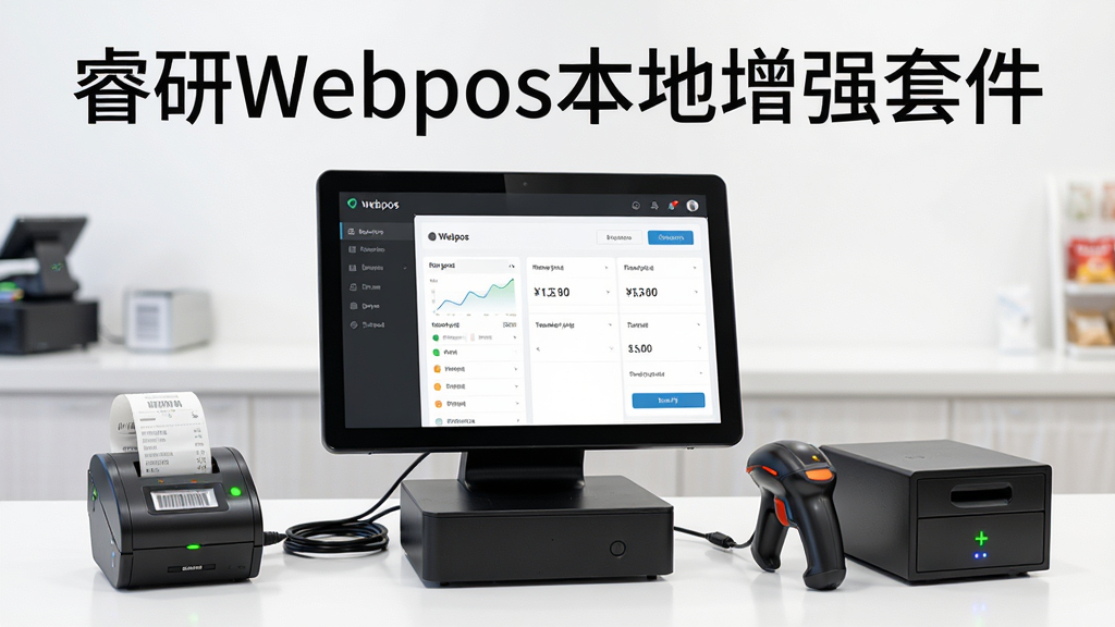 软件名称睿研Webpos本地增强套件,画面主体为一台收银电脑屏幕显示Webpos收银界面,旁边连接小票打印机、扫码枪、钱箱等外设,布局为居中展示,上方用简洁无衬线字体写着“睿研Webpos本地增强套件”,排版清晰整齐,风格为写实科技风,细节包含明亮的店铺收银台环境、线缆连接清晰、设备指示灯亮起,画质高清,干净,无多余元素