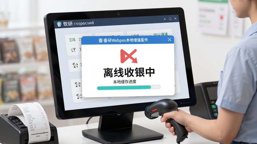 软件名称睿研Webpos本地增强套件,画面主体为收银电脑屏幕显示离线收银模式提示,画面中有网络断开图标和本地缓存进度条,布局为居中大弹窗,排版突出“离线收银中”字样,风格为扁平化科技风,细节包含收银员正在操作扫码枪、小票正常打印,画质高清,干净,无多余元素