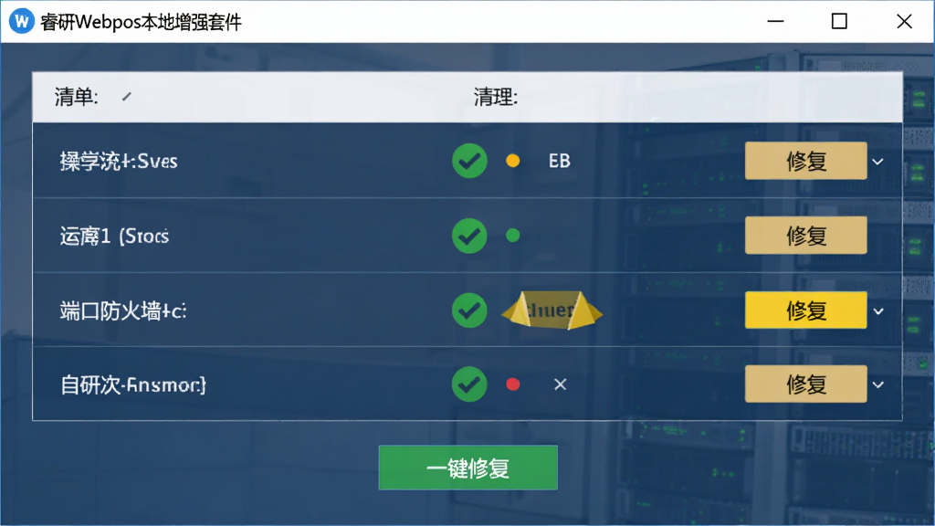 软件名称睿研Webpos本地增强套件,画面主体为软件自检界面,清单中显示操作系统、运行库、端口、防火墙等项目,部分项目显示绿色通过,部分显示黄色警告并附带修复按钮,布局为居中列表,排版清晰,风格为简洁工具软件界面,细节包含“一键修复”按钮文字,画质高清,干净,无多余元素