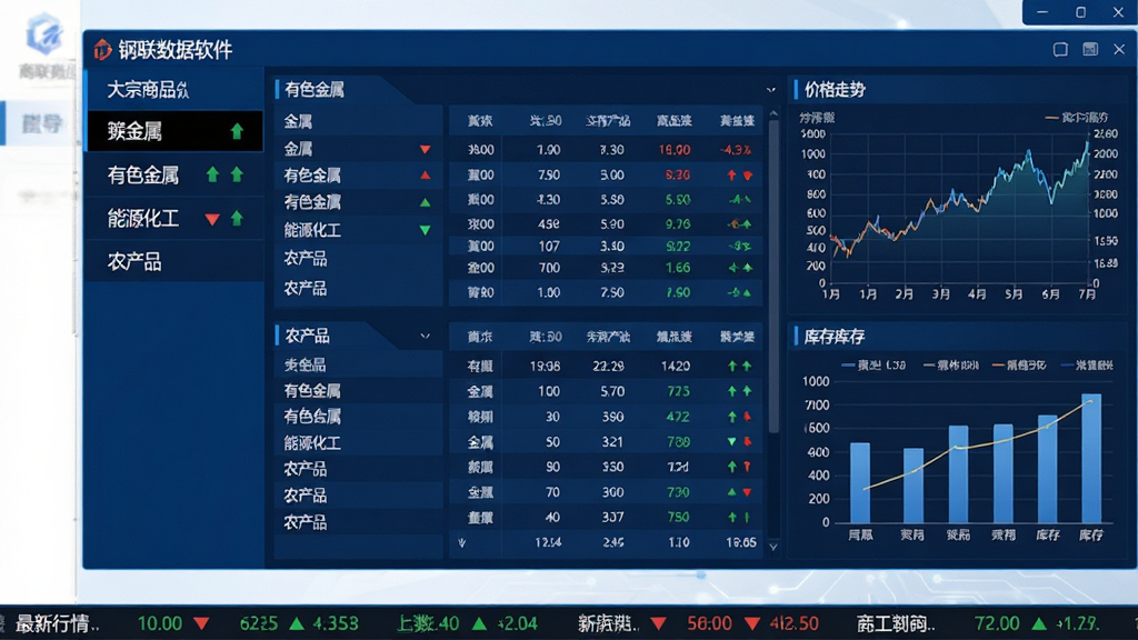 钢联数据软件主界面全貌,画面中央是深蓝色数据终端窗口,左侧为大宗商品分类导航栏,包含黑色金属、有色金属、能源化工、农产品等条目,右侧为价格走势折线图与库存柱状图组合面板,底部滚动显示最新行情报价,整体布局规整清晰,风格为专业商务科技风,细节包含数据表格、涨跌箭头、时间轴刻度,画质高清,画面干净,无多余元素
