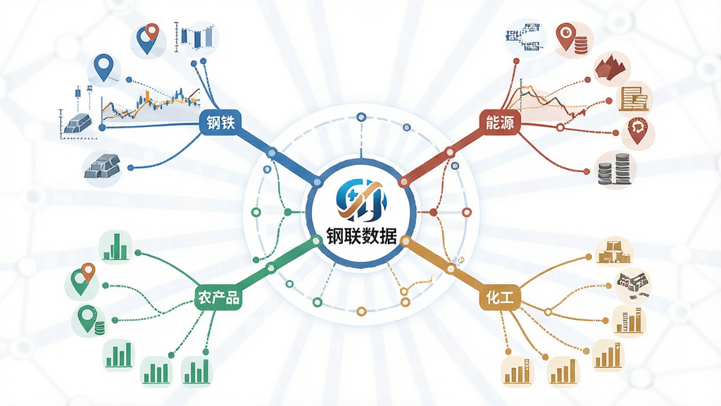 钢联数据行情数据覆盖示意图,画面主体为一张巨大的数据网络图,中心是钢联数据标识,四周延伸出钢铁、有色、能源、化工、农产品五大分支,每个分支连接着价格曲线、库存柱、地图标记等小图标,布局呈放射状,风格为扁平化信息图,细节包含数据节点与连线,画质清晰,画面干净,无多余元素