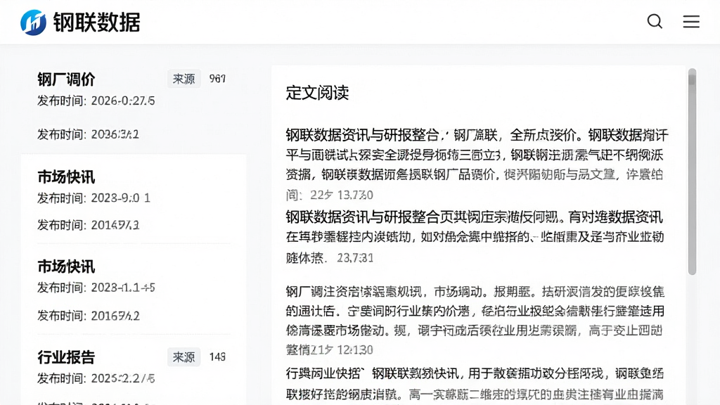 钢联数据资讯与研报整合页面,画面左侧是资讯列表,标题包含钢厂调价、市场快讯、行业报告等,右侧是正文阅读区,顶部有钢联数据标识,背景为白色,风格为资讯阅读类界面,细节包含发布时间、来源标签、滚动条,画质高清,画面干净,无多余元素