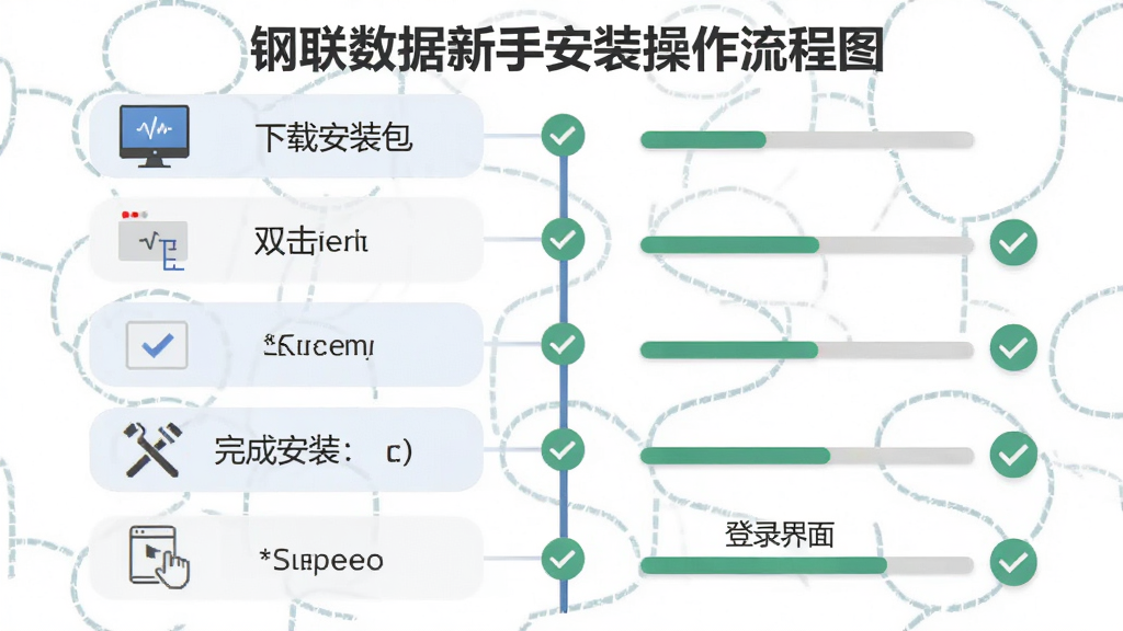 钢联数据新手安装操作流程图,画面以步骤形式展示从下载安装包、双击运行、选择路径、完成安装到登录界面的完整流程,每一步配有小图标与简短文字,布局为纵向时间轴,风格为扁平化教程图,细节包含进度条与勾选标记,画质清晰,画面干净,无多余元素