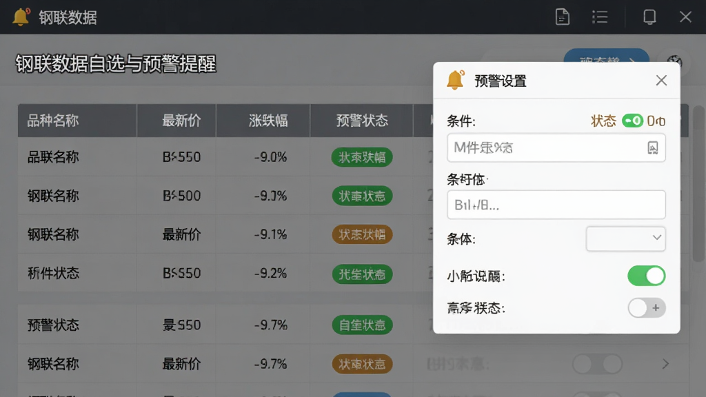 钢联数据自选与预警提醒界面,画面展示一个自选列表表格,列有品种名称、最新价、涨跌幅、预警状态,旁边是预警设置弹窗,包含条件输入框与开关按钮,风格为功能型软件界面,细节包含铃铛图标与状态标签,画质清晰,画面干净,无多余元素