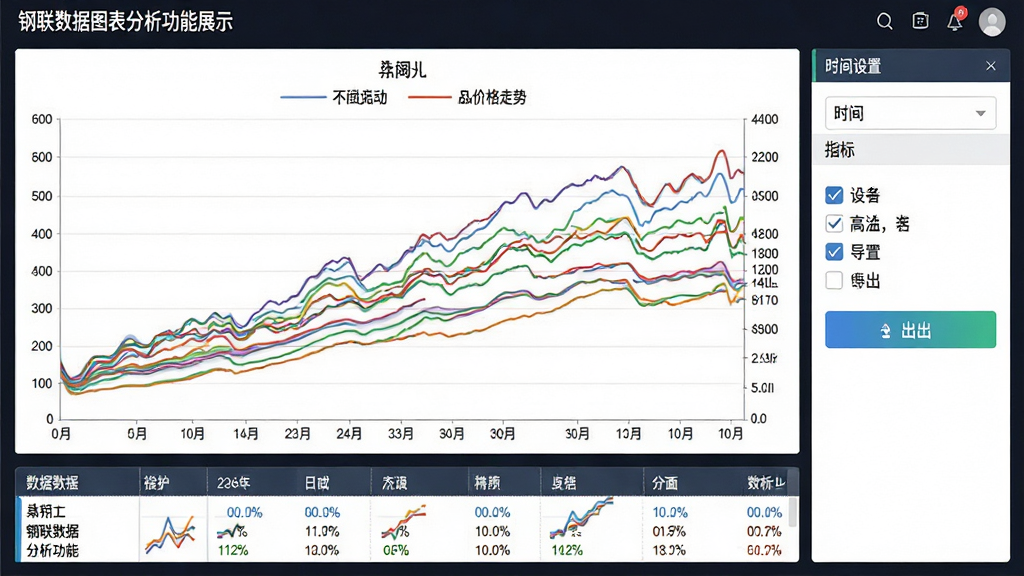 钢联数据图表分析功能展示,画面中央是一个大型折线图,多条彩色曲线分别代表不同品种价格走势,右侧是图表设置面板,包含时间选择、指标勾选、导出按钮,底部有数据表格,风格为现代数据可视化界面,细节包含图例、坐标轴、数据标签,画质清晰,画面干净,无多余元素