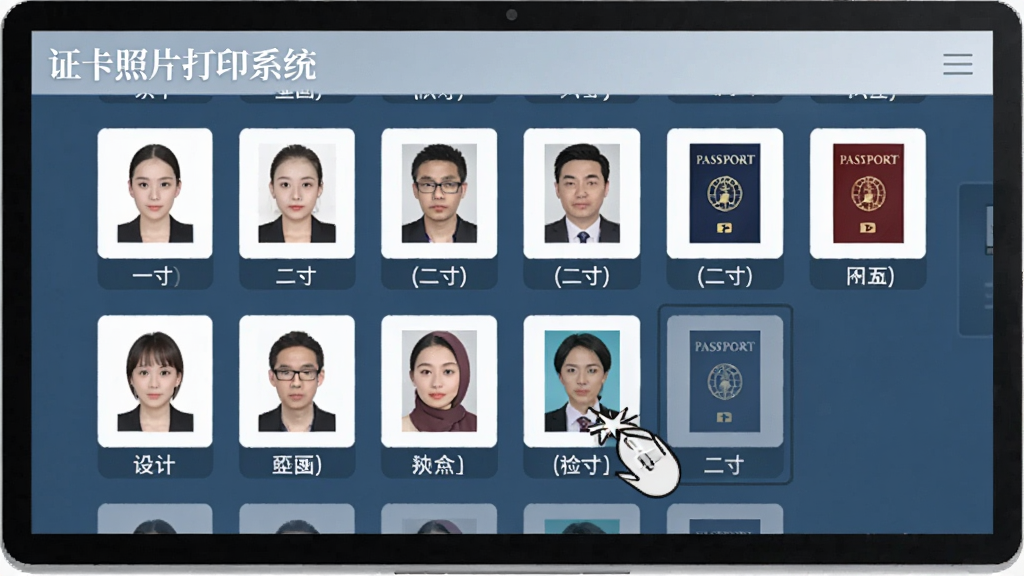 一张展示证卡照片打印系统智能尺寸匹配功能的图片,画面中电脑屏幕上显示着多种证件照尺寸模板排列,有一寸、二寸、护照等标签,旁边有鼠标指针正在点击其中一个模板,界面简洁,风格商务,画质清晰,无多余元素