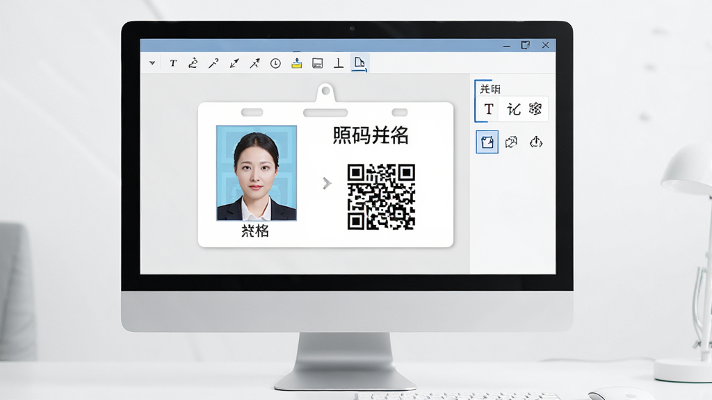 一张展示证卡照片打印系统文字与条码添加功能的图片,画面中电脑屏幕上显示着一张工牌设计图,上面有人物照片、姓名文字和二维码,界面中有文字编辑工具栏,风格简洁,画质干净,无多余元素