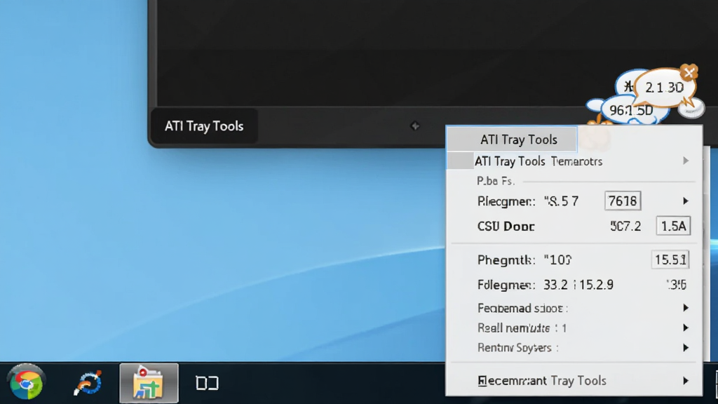 AI 生图,主体为 ATI Tray Tools 在 Windows 桌面右下角托盘区运行的场景,布局为任务栏特写,排版突出托盘图标与右键菜单,风格为写实桌面截图风格,细节包含温度数字小标签、频率提示气泡,画质高清,干净,无多余元素,图中文字标注“ATI Tray Tools”