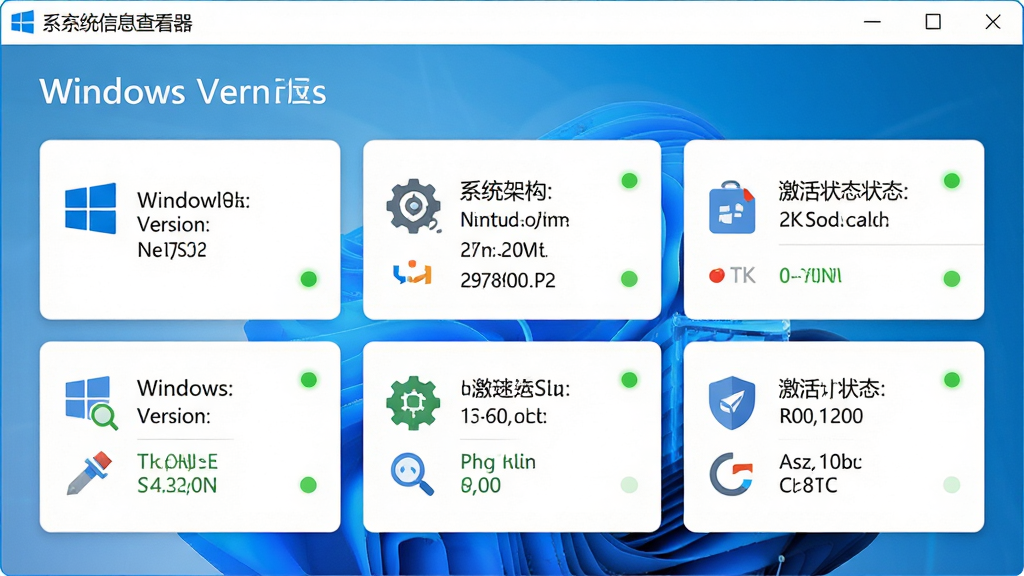 系统信息查看器主界面展示操作系统概览页面,画面中包含Windows版本号、系统架构、安装时间、激活状态等信息卡片,主体居中,布局为卡片式网格排列,风格为清新简约风,细节包括图标、文字标签和状态指示灯,画质为2K清晰,画面干净,无多余元素