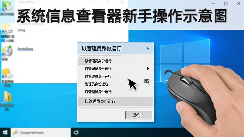 系统信息查看器新手操作示意图,画面中一只手拿着鼠标指向软件界面的“以管理员身份运行”选项,背景为Windows桌面,主体为鼠标与右键菜单,布局为局部特写,风格为教程图解风,细节包括菜单文字、鼠标指针和软件图标,画质为高清,画面干净,无多余元素