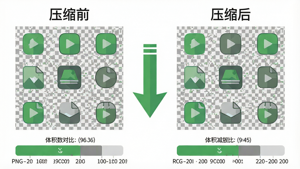 一张展示图片压缩前后对比的示意图,主体是左右并排的两张相同PNG图片,左侧标注