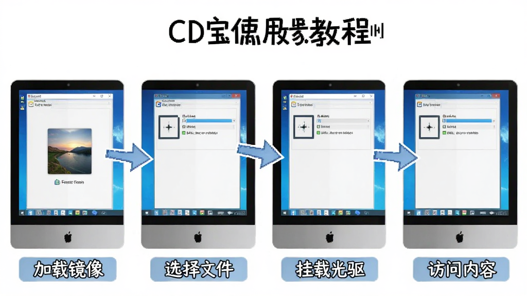 CD宝使用教程步骤图,主体为电脑屏幕上显示软件操作界面和标注箭头,布局为四步流程图从左到右排列,排版采用分步截图加文字说明,风格为教学示意图风格,细节包含加载镜像、选择文件、挂载光驱、访问内容四个步骤标签,画质清晰干净无多余元素