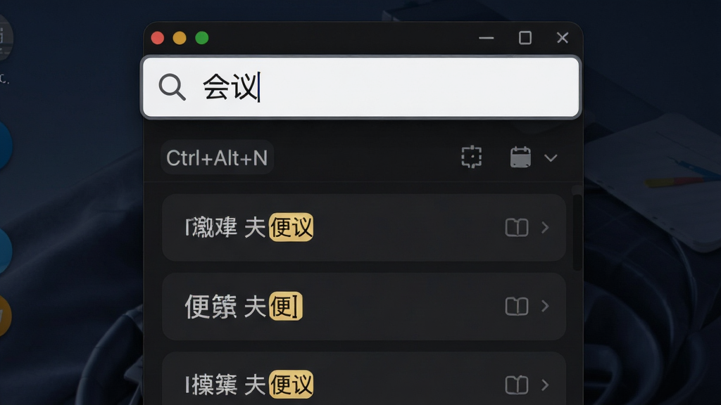 天天桌面便签快捷键与搜索功能展示图,画面中是一个搜索框悬浮在桌面便签上方,搜索框内有放大镜图标和文字“会议”,下方显示筛选出的便签条目,背景是深色桌面,布局为上下结构,排版紧凑,风格为暗色主题UI,细节包括快捷键提示文字“Ctrl+Alt+N”、高亮匹配词,画质清晰,干净,无多余元素
