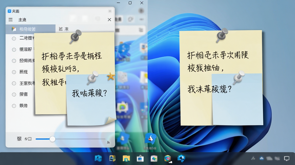 天天桌面便签软件功能展示图,画面左侧为软件主界面列表,右侧为桌面便签实际效果,便签纸呈浅黄色与淡蓝色,上面有手写体风格的中文文字,背景是Windows 11桌面,有任务栏和图标,布局采用左右分栏,排版整齐,风格为写实软件截图风,细节包括便签阴影、图钉图标、透明度滑块,画质清晰,干净,无多余元素
