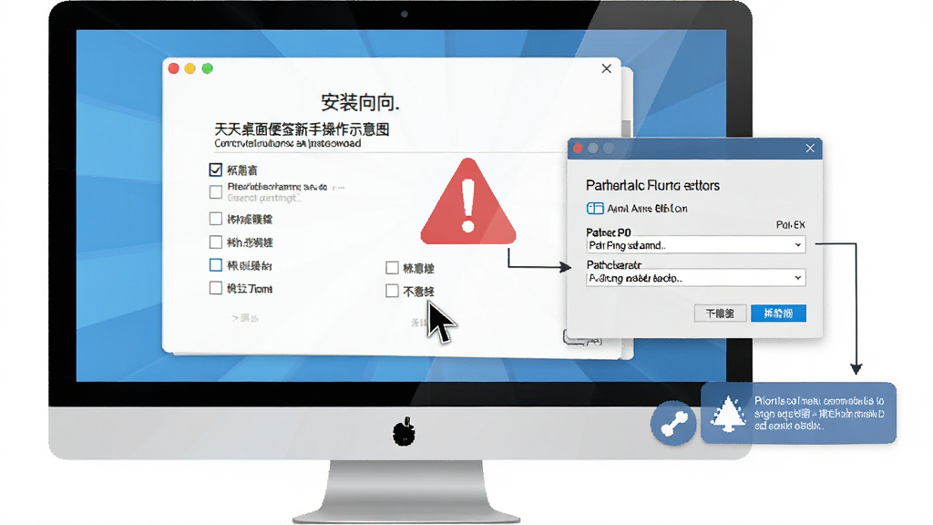 天天桌面便签新手操作示意图,画面中是一台电脑屏幕,屏幕上显示安装向导界面和权限设置窗口,旁边有红色警告标志和蓝色提示标志,布局为左右分栏,排版清晰,风格为教程图解风,细节包括鼠标指针、复选框、路径选择框,画质清晰,干净,无多余元素