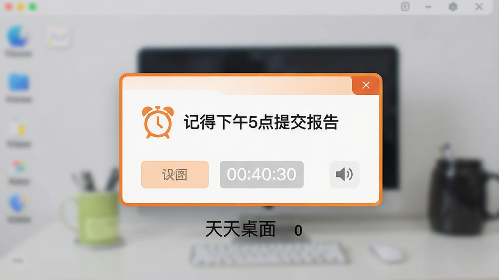 天天桌面便签提醒功能界面图,画面中央是一个弹窗提醒窗口,窗口内显示文字“记得下午5点提交报告”,背景是模糊的桌面,窗口带有橙色边框和闹钟图标,布局为居中弹窗,排版简洁,风格为现代UI设计,细节包括按钮、时间显示、声音图标,画质高清,干净,无多余元素