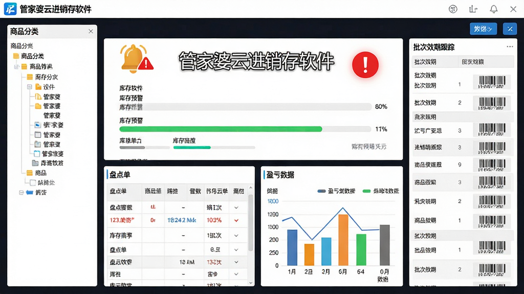管家婆云进销存软件库存预警与盘点功能界面,画面中心为库存看板,显示“管家婆云进销存软件”名称与库存预警红色标识,下方为盘点单表格与盈亏数据图表,左侧为商品分类树,右侧为批次效期跟踪列表,布局为仪表盘式排版,风格为简洁数据可视化商务风,细节包含预警铃铛图标、库存进度条、批次条码,画质高清干净,无杂乱元素