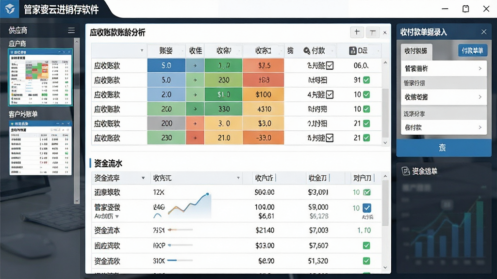 管家婆云进销存软件资金与往来账目管理界面,画面主体为应收账款账龄分析表与资金流水列表,软件名称“管家婆云进销存软件”显示在顶部导航栏,左侧为供应商与客户对账单缩略图,右侧为收付款单据录入面板,布局为左右分栏加中央表格,风格为清爽商务数据风,细节包含账龄色块、收付款图标、对账勾选标记,画质锐利干净,无多余干扰