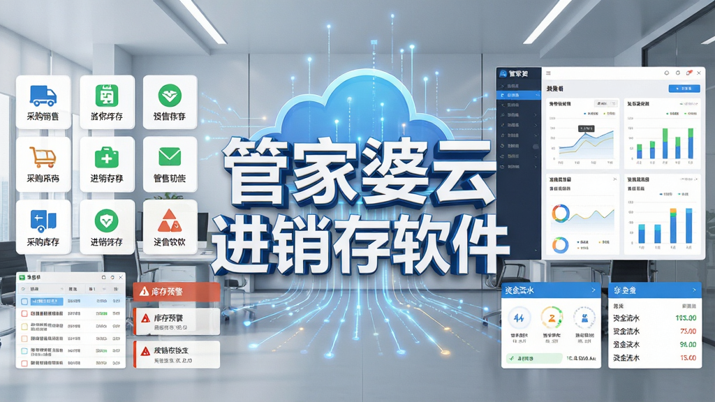 管家婆云进销存软件主界面全貌展示,画面中央为软件名称“管家婆云进销存软件”立体字样,背景为简洁的现代化办公环境与云端数据流线条交织,左侧展示采购销售库存功能图标矩阵,右侧呈现数据看板与报表图表,整体布局居中对称,风格为扁平化商务科技风,细节包含单据列表、库存预警提示、资金流水卡片,画质清晰锐利,干净无多余元素,4K高清