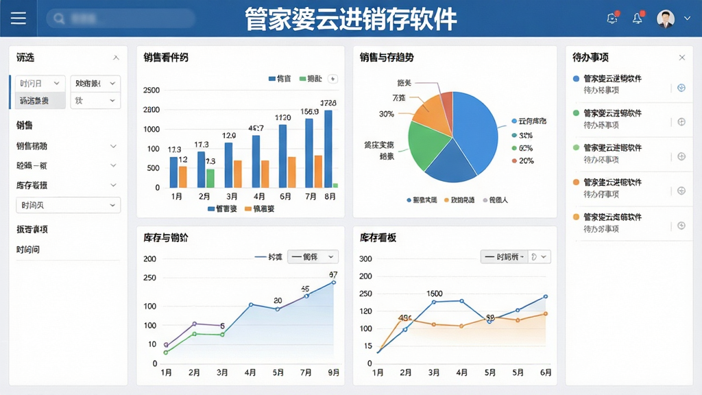 管家婆云进销存软件经营报表与数据看板,画面中央为多张图表组合,包含柱状图、饼图、折线图展示销售与库存趋势,软件名称“管家婆云进销存软件”以标题形式出现在看板顶部,左侧为筛选条件面板,右侧为待办事项列表,布局为网格化仪表盘,风格为现代数据可视化商务风,细节包含数据标签、图例、时间筛选器,画质清晰干净,无多余元素
