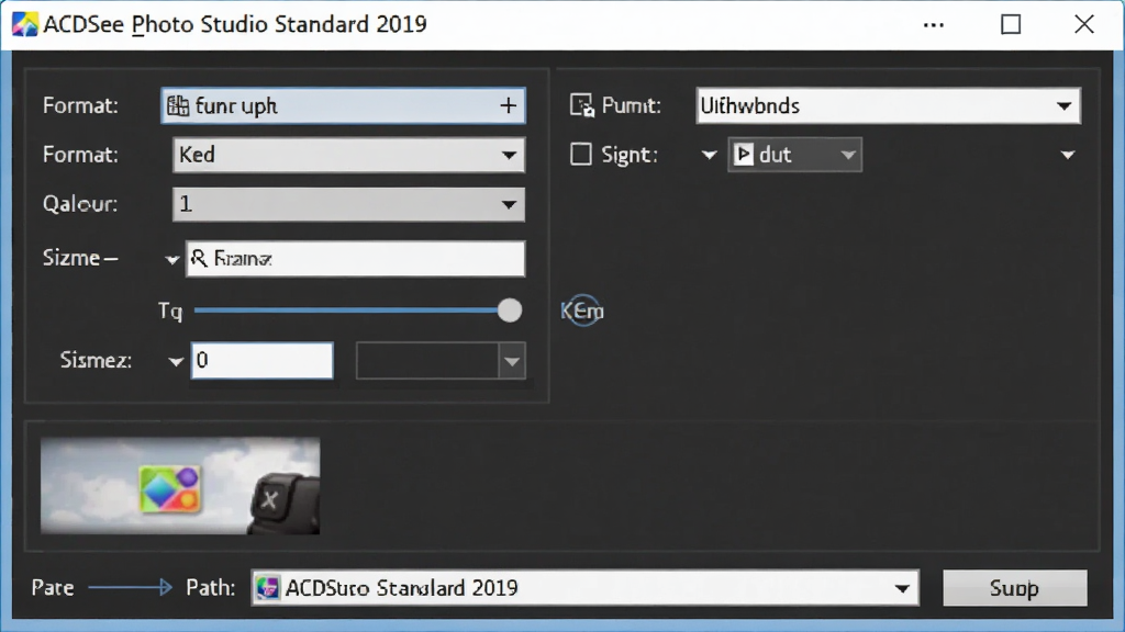 一张展示ACDSee Photo Studio Standard 2019导出设置窗口的图片,主体为软件导出对话框,布局上方为格式选择、中间为参数设置、下方为预览与路径,排版合理,风格为软件设置界面,细节包含格式下拉菜单、质量滑块、尺寸输入框,画质高清,干净,无多余元素。