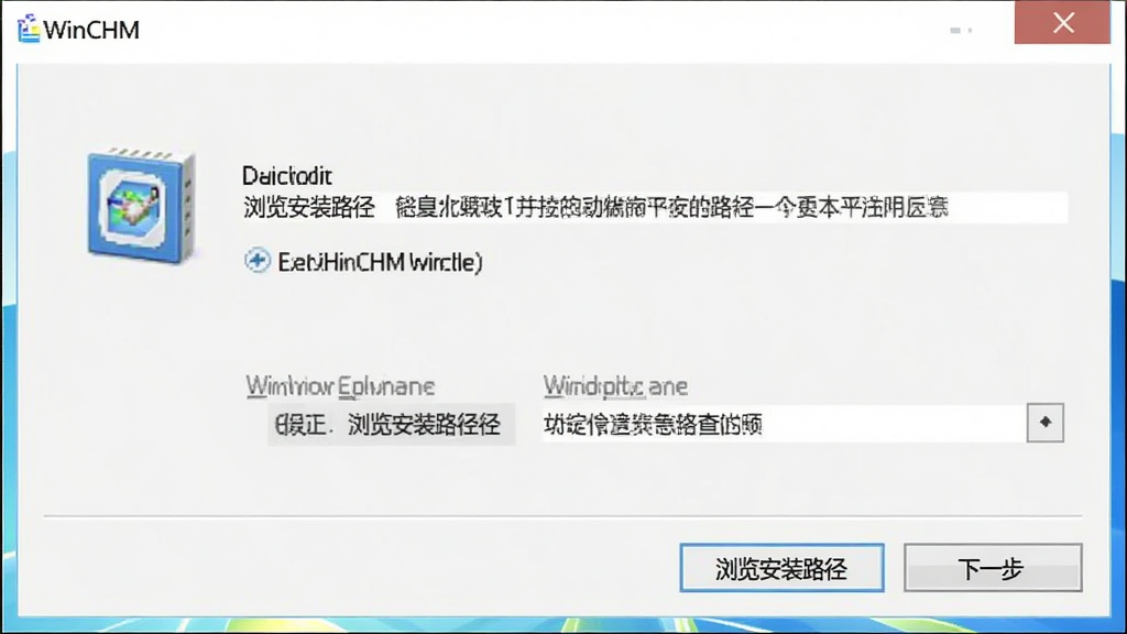 一张展示WinCHM软件安装向导界面的图片,画面中为Windows标准安装对话框,包含“下一步”、“浏览安装路径”等按钮,界面风格简洁,画质清晰,干净,无多余元素
