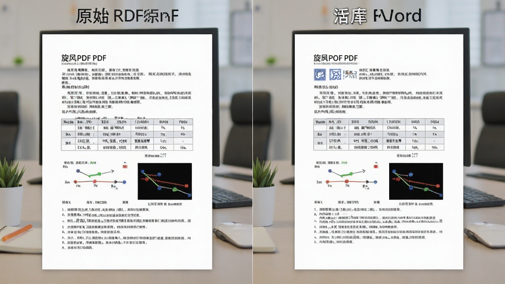 一张展示旋风PDF转换器精准排版还原效果的对比图,左侧为原始PDF文件截图,右侧为转换后的Word文档截图,两者排版高度一致,布局为左右对照式,风格为办公写实风,细节上包含文字段落、表格和图片元素,画质高清,干净无多余元素
