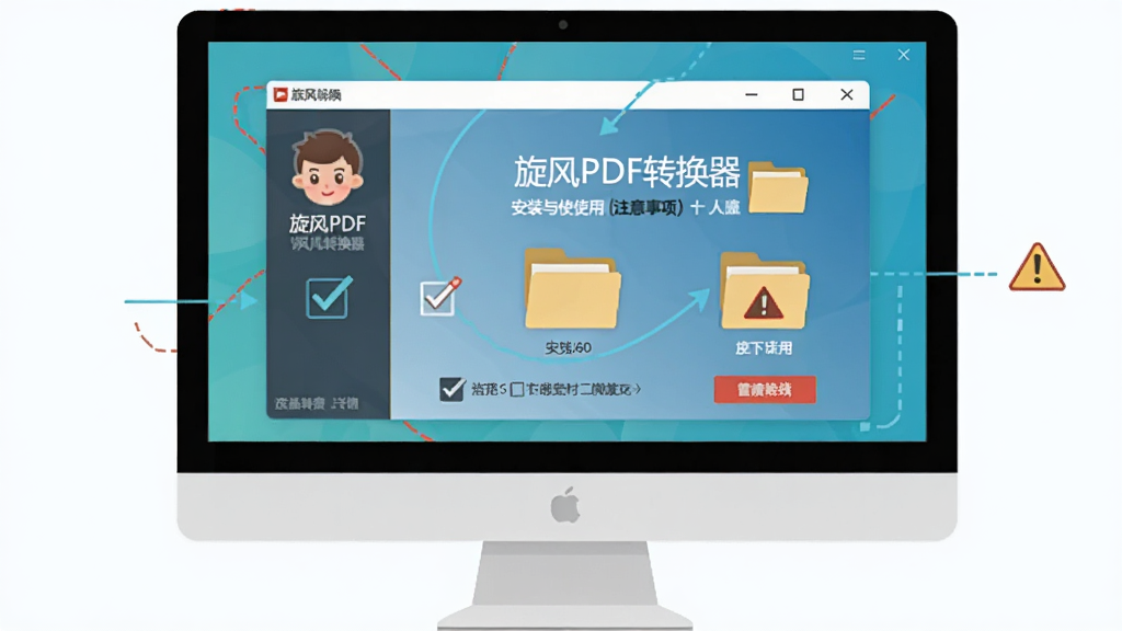 一张展示旋风PDF转换器安装与使用注意事项的示意图,画面主体是电脑屏幕显示软件安装界面和操作提示,布局为居中展示,风格为扁平化信息图风,细节上包含勾选框、文件夹图标和警告标志,画质清晰,干净无多余元素