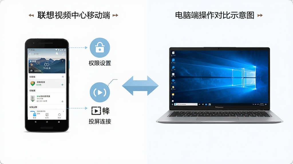 联想视频中心移动端与电脑端操作对比示意图,左侧展示安卓手机界面,右侧展示Windows笔记本界面,中间用双向箭头连接,画面中标注权限设置、存储选择、投屏连接等图标,风格简洁明了,配色柔和,高清画质,说明示意图