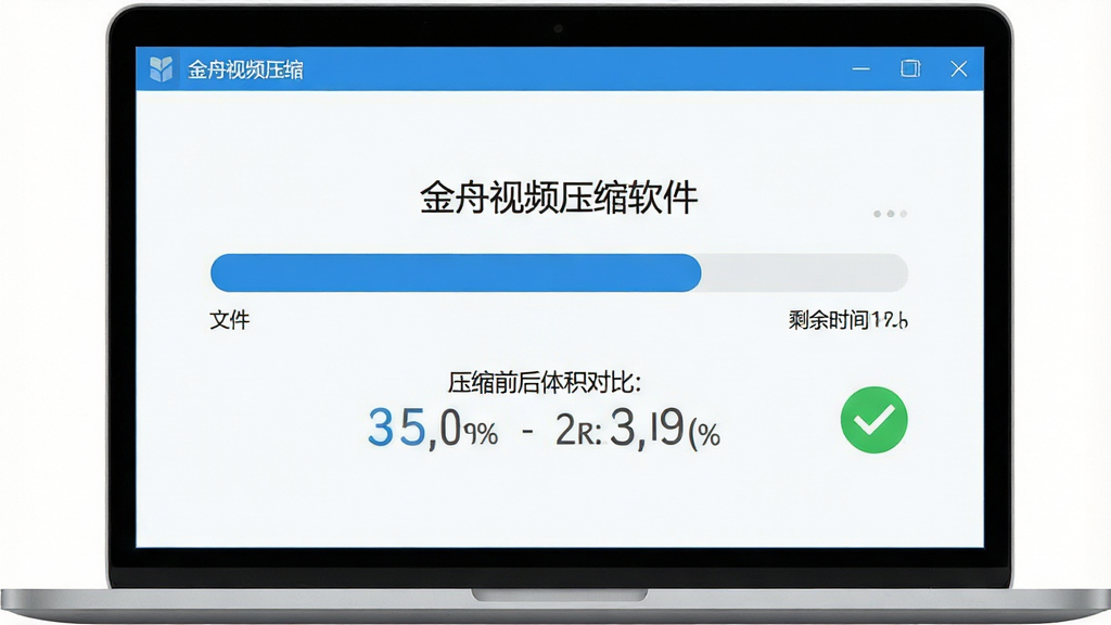 画面主体为一台笔记本电脑屏幕,屏幕上显示金舟视频压缩软件的压缩进度界面,布局为中央大进度条、上方文件名称、下方压缩前后体积对比,排版居中对称,风格为扁平化科技蓝,细节包括百分比数字、剩余时间估算、绿色完成对勾图标,画面中显示文字“金舟视频压缩软件”,画质为高清,干净无多余元素。