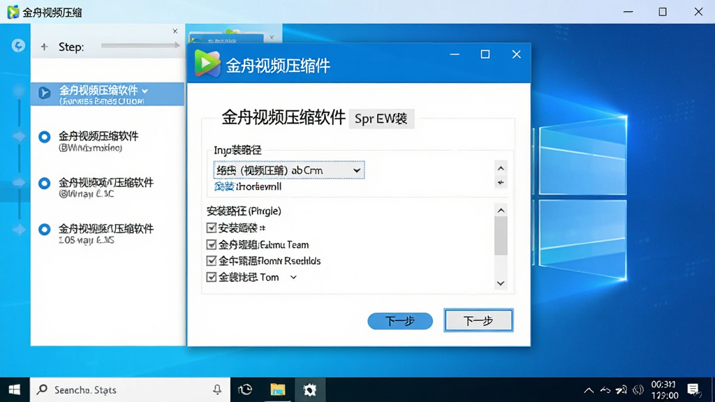 画面主体为金舟视频压缩软件在Windows电脑上的安装向导界面,布局为中央对话框、左侧步骤指示、右侧选项区域,排版清晰,风格为简洁商务风,细节包括安装路径选择框、复选框、下一步按钮,画面中显示文字“金舟视频压缩软件”,画质为高清,干净无多余元素。