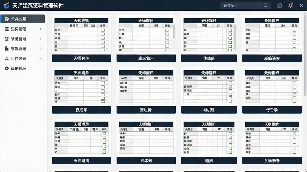 一张展示天师建筑资料管理软件内置表格模板库的图片,画面主体是软件界面中排列整齐的表格缩略图,每张缩略图下方标注有表格名称,界面左侧有分类导航栏,整体布局清晰,风格为简约科技风,细节包括表格中的中文标题和勾选框,画质清晰,干净,无多余元素