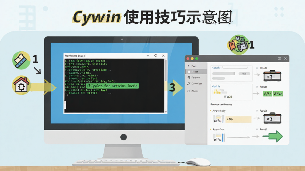 Cygwinʹ�ü���ʾ��ͼ�������ǵ�����Ļ����ʾ�ն˴��ں�������壬����Ϊ���·ֲ�ṹ���Ű�Ϊ�̷̳�񣬷��Ϊ���±�ƽ����ƣ�ϸ�ڰ��������š���ͷָ����������ע��ͼ��װ�Σ�����Ϊ���塢�ɾ����޶���Ԫ��