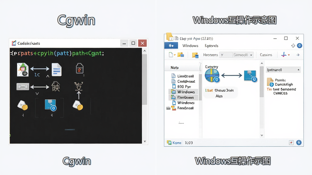 Cygwin��Windows������ʾ��ͼ���������ն˴�����Windows��Դ���������ڲ�����ʾ������Ϊ���ҶԱȽṹ���Ű��࣬���Ϊ��ƽ����ƣ�ϸ�ڰ���·��ӳ���ͷ���ļ�ͼ�ꡢ�ն�������ʾ��������Ϊ���塢�ɾ����޶���Ԫ��