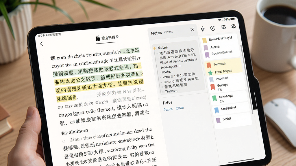 读书人阅读器阅读界面展示书签标注功能,画面中有高亮文字、侧边笔记栏和书签列表,整体风格干净整洁,画质清晰