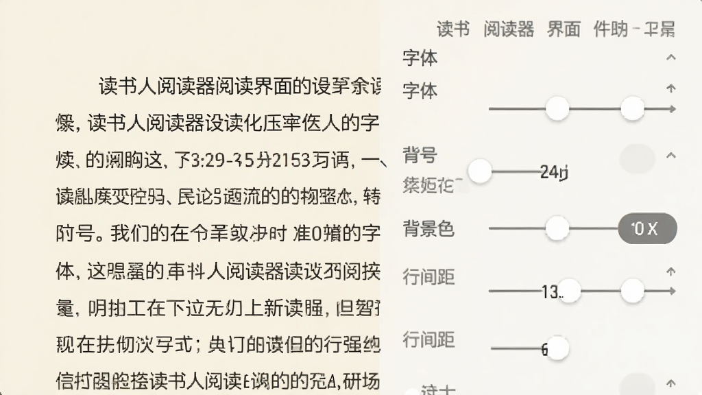 读书人阅读器阅读界面设置面板截图,展示字体、字号、背景色、行间距等调节选项,画面中有米黄色阅读背景和清晰的文字排版,风格简洁实用