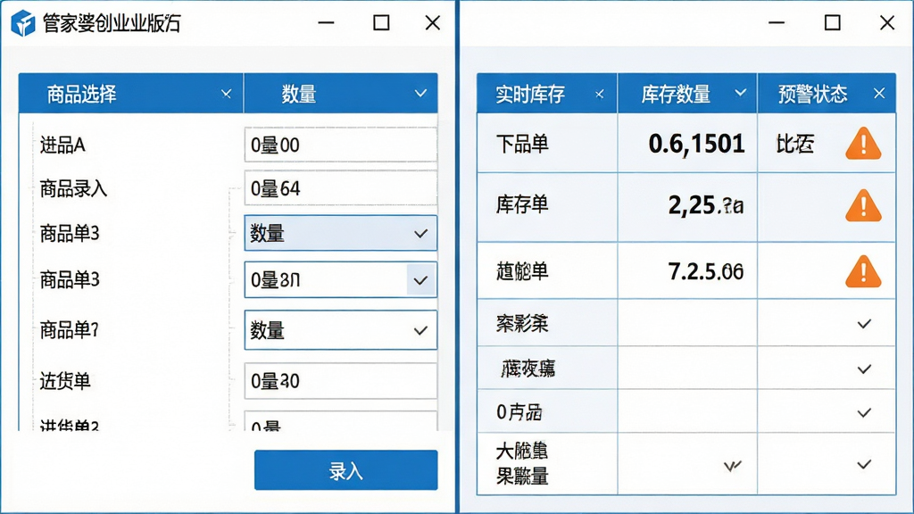 管家婆创业版进销存一体化管理功能界面截图风格,画面展示进货单录入窗口与库存变动明细表并列排布,左侧为商品选择与数量填写区,右侧为实时库存数量与预警状态标识,布局采用左右分栏,排版整齐,风格为清爽商务蓝白配色,细节包含表格线条细腻、数字字体加粗显示、预警图标为橙色感叹号,画质高清干净无多余元素