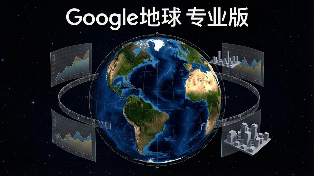 一幅画面中央悬浮着带有经纬网格的三维地球模型,地球表面呈现清晰的卫星影像,海洋为深蓝色,陆地有绿色植被与棕色山脉纹理,地球周围环绕着若干半透明的数据图表、测量标尺与3D城市建筑模型,背景是深色星空,整体采用写实科技风格,布局居中对称,画面上方用白色无衬线字体写着“Google地球 专业版”,画质高清,画面干净,无多余元素