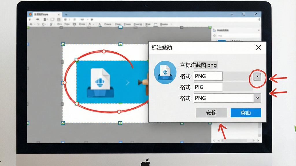 一张展示超级画笔截图保存功能的场景图,画面主体是电脑屏幕上弹出的保存对话框,对话框旁边是已经标注好的屏幕画面,画面中有红色圈选和箭头标注,对话框上显示文件名为“标注截图.png”,格式选择为PNG,整体布局为居中偏右,风格简洁办公,细节包括对话框的按钮和文件图标,画质清晰,干净,无多余元素