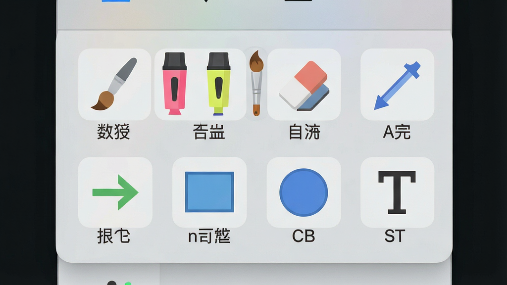 一张展示超级画笔工具栏特写的图片,画面中央是软件的工具面板,面板上整齐排列着画笔、荧光笔、橡皮擦、直线、箭头、矩形、圆形、文字等图标按钮,每个按钮下方有中文标签,面板背景为浅灰色磨砂质感,图标采用彩色扁平化设计,整体排版简洁有序,风格清爽,细节清晰,画质干净,无多余元素