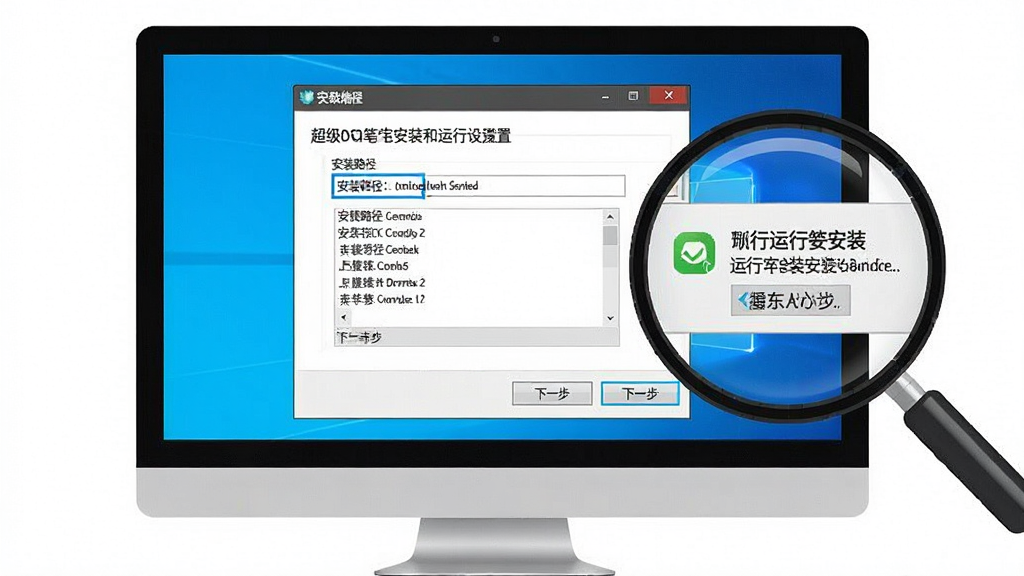 一张展示超级画笔在Windows系统上安装和运行设置的示意图,画面主体是电脑屏幕显示软件安装向导界面,界面上有安装路径选择框和“下一步”按钮,屏幕旁边有一个放大镜效果展示运行库安装提示,整体布局为居中,风格简洁教程类,细节包括界面按钮和文字提示,画质清晰,干净,无多余元素