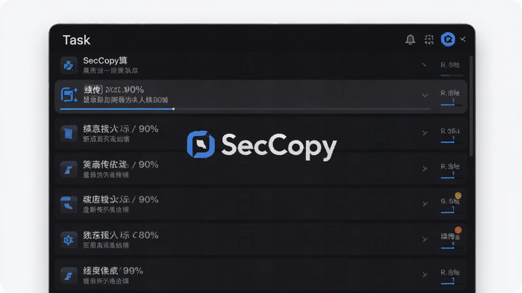 һ��չʾSecCopy���������ϵ��������ܵĽ������ͼ����������ʾһ���б��������ж��������Ŀ������һ�����С���������ǩ�ͽ��Ȱٷֱȣ�������Ϊ�ִ���ɫ���⣬�����С�SecCopy��Logo�����ʾ�ϸ