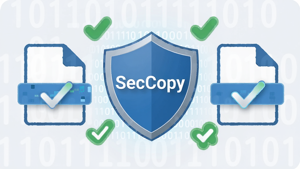 һ��չʾSecCopy����У�鹦�ܵ�ͼƬ�������������ļ�ͼ��֮����һ��������״��У���ʶ��������д�š�SecCopy������Χ�����Ŷ����ƴ���͹�ѡ��ǣ�����Ϊǳ��ɫ����������񣬻��ʸ���