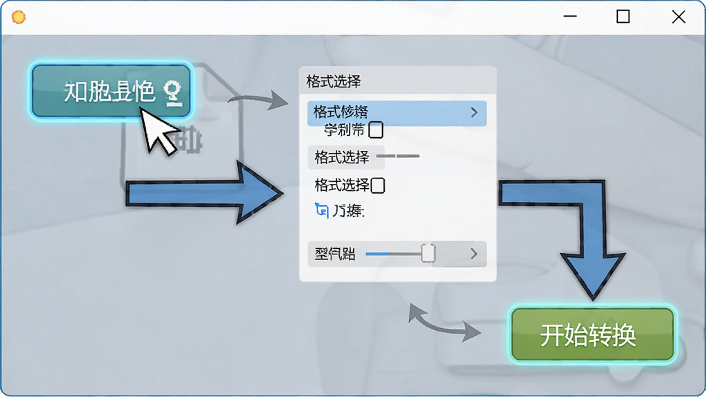 全方位图片转换器操作步骤示意图,画面展示电脑屏幕上软件窗口的操作流程,从左上角添加文件按钮到中间格式选择再到右下角开始转换按钮,用箭头标注操作顺序,风格为教程示意图风,细节包括鼠标指针位置、按钮高亮,画质清晰,干净,无多余元素