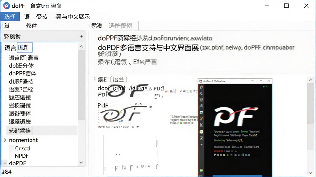 doPDF多语言支持与中文界面展示,主体为doPDF软件窗口显示中文菜单,布局左侧为语言选择列表,右侧为中文操作界面,排版简洁,风格为软件界面截图风格,细节包含中文选项、字体示例、PDF预览,画质清晰,干净,无多余元素