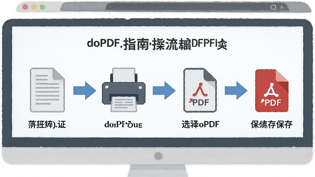 doPDF使用指南操作流程图,主体为电脑屏幕展示从打开文档到选择doPDF打印再到保存PDF的完整流程,布局采用横向步骤排列,排版清晰,风格为扁平化教程插画,细节包含文档图标、打印机图标、PDF文件图标、箭头指示,画质高清,干净,无多余元素