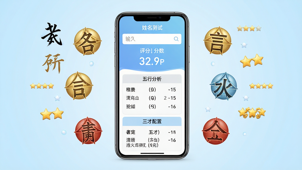 一张展示姓名测试打分软件界面的图片,画面中央是一部智能手机,手机屏幕上显示着姓名测试评分结果页面,页面上方有姓名输入框和评分分数,下方列出五行分析、三才配置等模块,手机周围漂浮着汉字笔画、金木水火土五行符号、评分星星等装饰元素,背景为浅蓝色渐变,整体风格清新简洁,排版居中对称,细节清晰,画质干净,无多余元素。