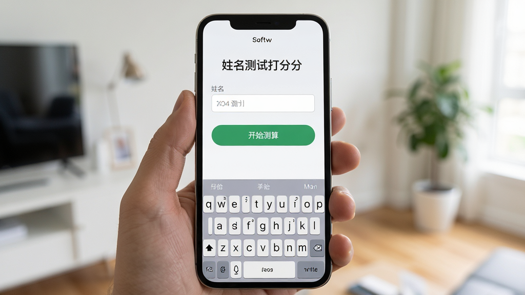 一张展示姓名测试打分软件移动端操作界面的图片,画面主体为一部手持智能手机,屏幕上显示着姓名输入框和开始测算按钮,手机下方有虚拟键盘,背景为简洁的室内环境,整体风格真实自然,构图紧凑,画质清晰,无多余元素。