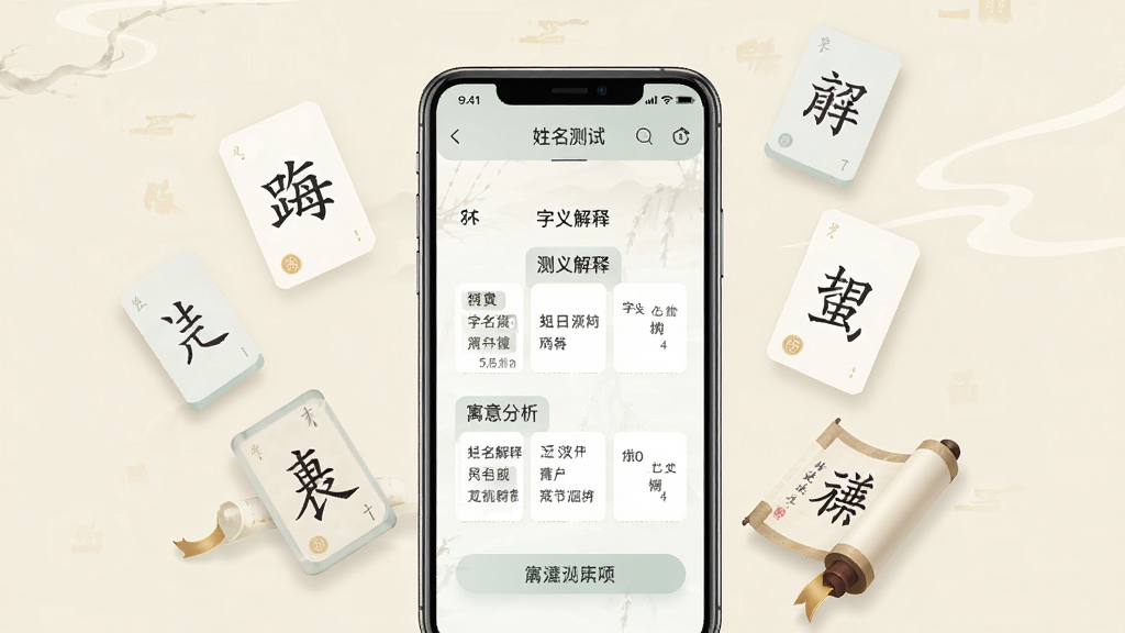 一张姓名测试打分软件中字义解读页面的展示图,画面以手机屏幕为中心,屏幕上显示着汉字字义解释与寓意分析,手机周围环绕着漂浮的汉字卡片和书卷元素,背景为淡雅的米白色,整体风格文雅清新,排版整洁,画质干净,无多余元素。