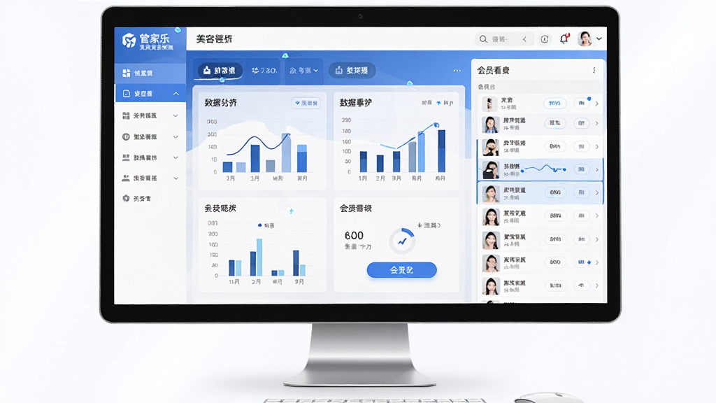 一张软件界面全景展示图,画面中央是管家乐美容美发连锁系统的电脑端主界面,左侧为功能导航栏,右侧为数据看板与会员列表,界面风格简洁现代,色调以蓝白为主,布局清晰,排版整齐,风格为商务科技风,细节包括图标、图表、按钮等元素,画质高清,干净,无多余元素